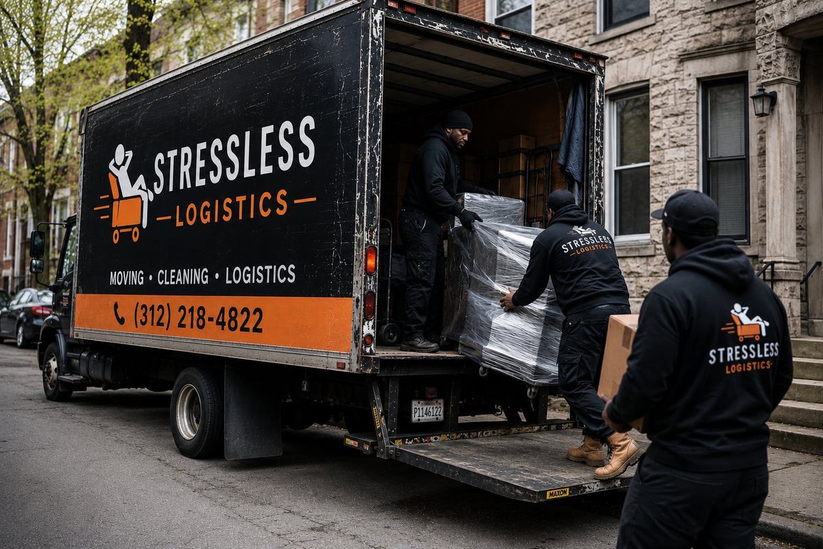 Stressless Logistics crew unloading blanket-wrapped furniture from the branded truck